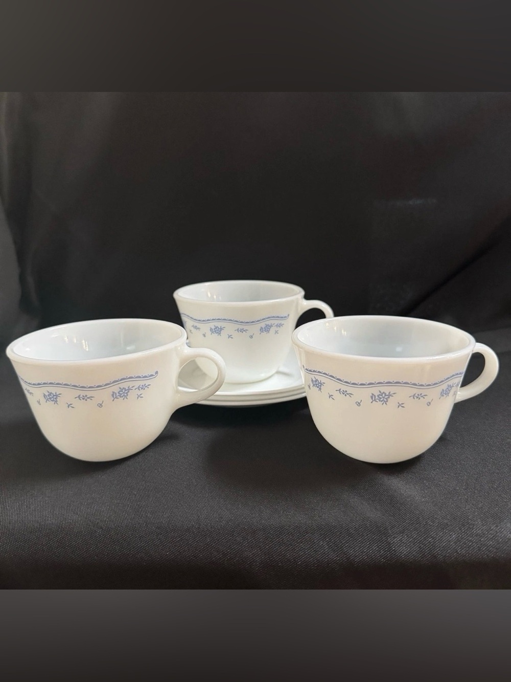 Pyrex Lot Of 3 Blue Morning Flower Tea Coffee Cups And Saucers Vintage